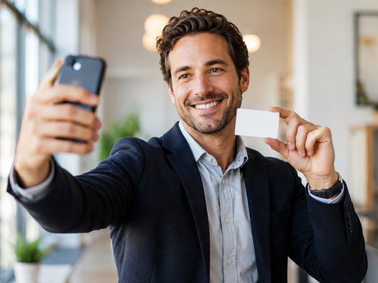 Selfie machen und Visitenkarte abfotografieren